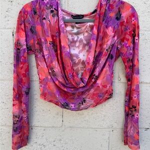 PrettyLittleThing Pink and Purple Floral Cowl Neck Long Sleeve Top